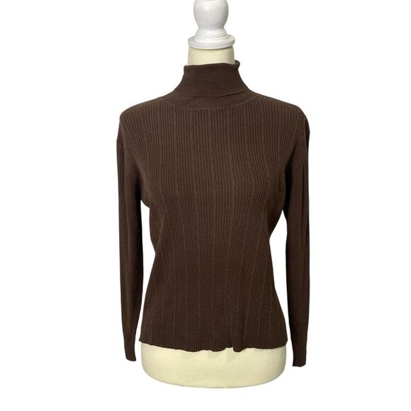 Sweaters - Louben 100% Silk Classic Ribbed Turtleneck Sweater Brown Women's Size M